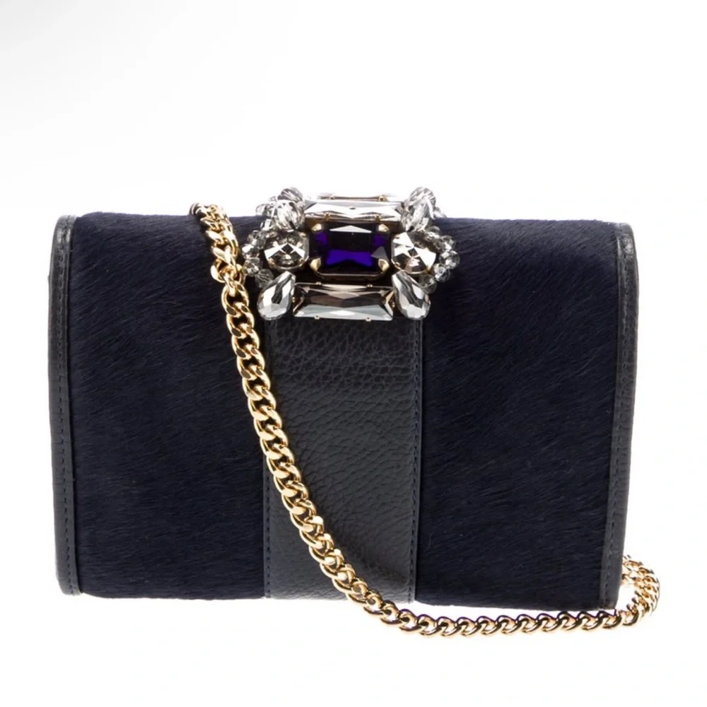 Gedebe Navy Pony Hair and Leather Embellished Handbag
